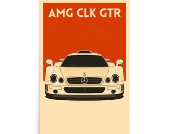 Könnte beinhalten: Ein weißer Mercedes-Benz AMG CLK GTR Sportwagen mit rotem Hintergrund und dem Text "AMG CLK GTR" in Schwarz.