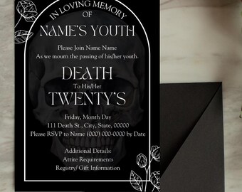 Death to My 20s 30th Birthday Party Bundle – Editable Canva Templates | Invite, Signs, Menu & Custom Trivia Game