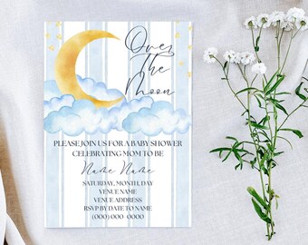 Over the Moon Baby Shower Bundle – Editable Canva Templates | Watercolor Moon & Cloud Theme