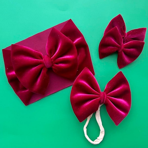 CRANBERRY RED VELVET headwrap | cranberry red velvet nylon bow | cranberry red velvet clip bow | cranberry velvet piggies| regular | messy