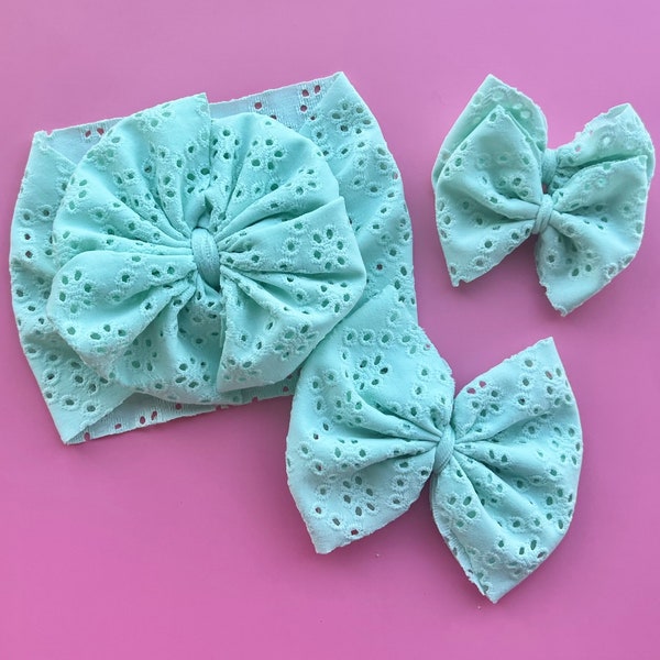 MINT EYELET headwrap | mint eyelet nylon bow | mint eyelet clip bow bow | mint eyelet piggies | regular | messy