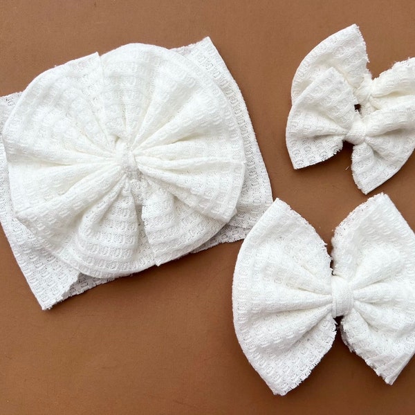 WHITE WAFFLE headwrap | white waffle nylon bow | white waffle clip bow | white waffle piggies | regular | messy