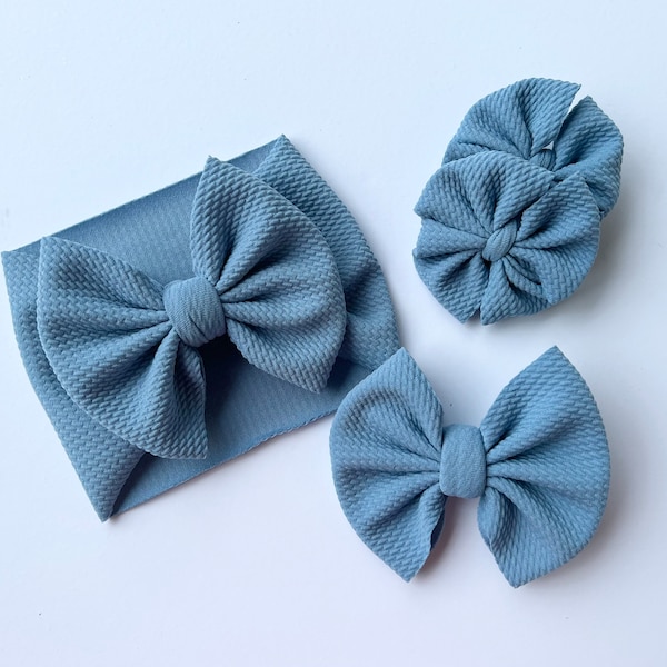 Dusty blue headwrap | dusty blue nylon bow | dusty blue clip bow | dusty blue piggies | regular | messy