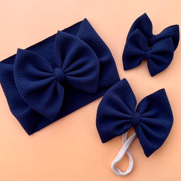 NAVY headwrap | navy nylon bow | navy clip bow | navy piggies | regular | messy