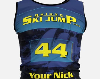 Babero de lujo para salto de esquí, dorsal DSJ, disfraz retro de salto de esquí, babero personalizado para gamers, regalo para fans de DSJ, babero deportivo para cosplay.