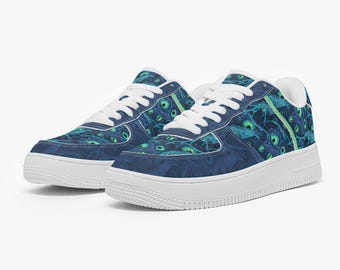 Zapatillas Monster Eye: Zapatos de fantasía abstractos en azul oscuro y verde para hombre y mujer, regalo de ropa urbana gótica.