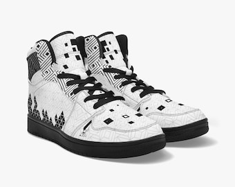 Monochrome Geometric High-Top Sneakers – Stylish Black and White Shoes for a Bold Look