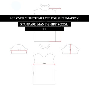 Może przedstawiać: Czarno-biały rysunek szablonu koszulki do sublimacji. Szablon zawiera wymiary w milimetrach dla dekoltu, rękawów i korpusu koszulki. Tekst "ALL OVER SHIRT TEMPLATE FOR SUBLIMATION" i "STANDARD MAN T-SHIRT S-XXXL" jest zawarty w obrazie.