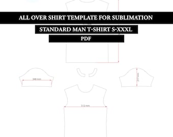 Patrón de costura en PDF para camiseta estándar All Over Man, para sublimación, archivos de corte en PDF, plantilla en blanco, descarga instantánea