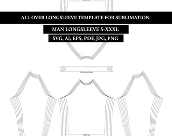 Patrón de costura PDF de manga larga para hombre, para sublimación, archivos SVG, PNG, PDF, plantilla en blanco, descarga instantánea