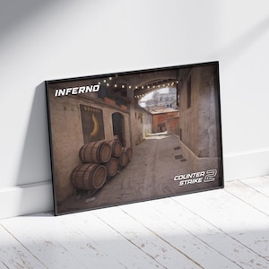 Póster de Inferno Counter-Strike 2: arte mural con mapas icónicos para jugadores y fanáticos de los deportes electrónicos