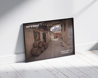 Póster de Inferno Counter-Strike 2: arte mural con mapas icónicos para jugadores y fanáticos de los deportes electrónicos