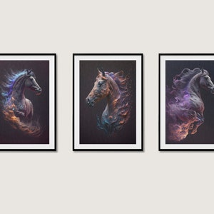 Set of 3 Space Horse Art Prints for Wall Decor. Instant Download Printable Art of Equine Astronauts and Outer Space Adventures.