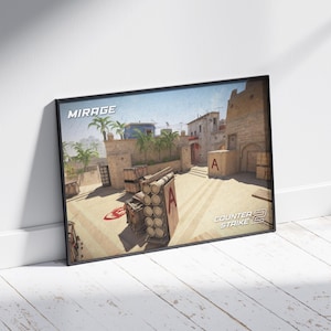 Póster de Mirage Counter-Strike 2: arte mural con mapas icónicos para jugadores y entusiastas de los deportes electrónicos