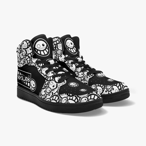 Black and White Smiley Face High-Top Sneakers – Fun and Stylish Footwear for a Unique Look!