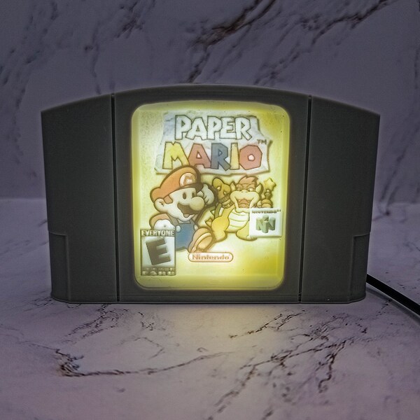 Paper Mario | 3D Illuminated N64 Cartridge | Video game art decor Mario Nintendo 64 display | For game rooms bedroom living room man cave