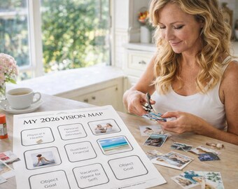 May include: A woman is cutting out images for a vision board titled "MY 2026 VISION MAP." The board has sections for "Physical & Health" and "Vacation." A cup of coffee and flowers are on the table. The image is set in a bright room.