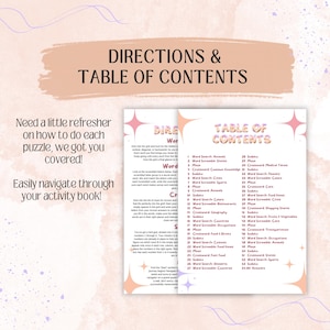 May include: A pink and orange table of contents page for an activity book. The page lists different types of word search and crossword puzzles, including states, cities, animals, colors, and more.