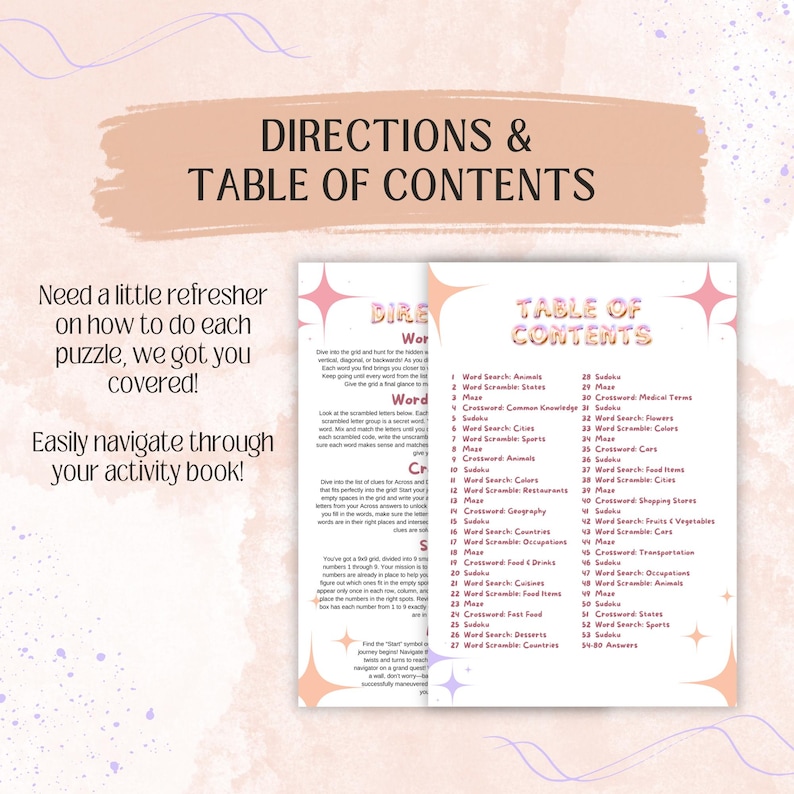 May include: A pink and orange table of contents page for an activity book. The page lists different types of word search and crossword puzzles, including states, cities, animals, colors, and more.