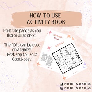 May include: A pink and white graphic with the text "HOW TO USE ACTIVITY BOOK" and instructions on how to use the book. The graphic also shows a sample page from the book, which is a Sudoku puzzle with the title "CROSSV Shoppir SUDOKU".