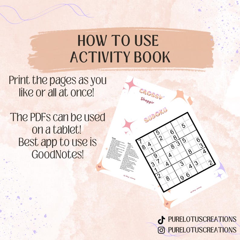 May include: A pink and white graphic with the text "HOW TO USE ACTIVITY BOOK" and instructions on how to use the book. The graphic also shows a sample page from the book, which is a Sudoku puzzle with the title "CROSSV Shoppir SUDOKU".