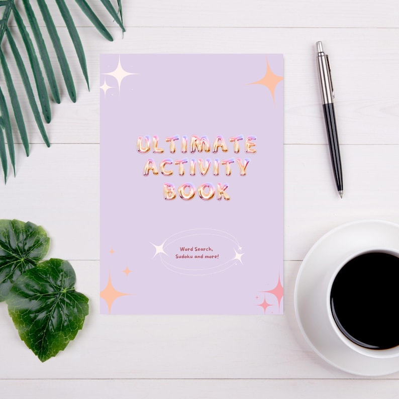 May include: A purple activity book with the text "ULTIMATE ACTIVITY BOOK" in a colorful, bubbly font. The book features word searches, Sudoku puzzles, and more.