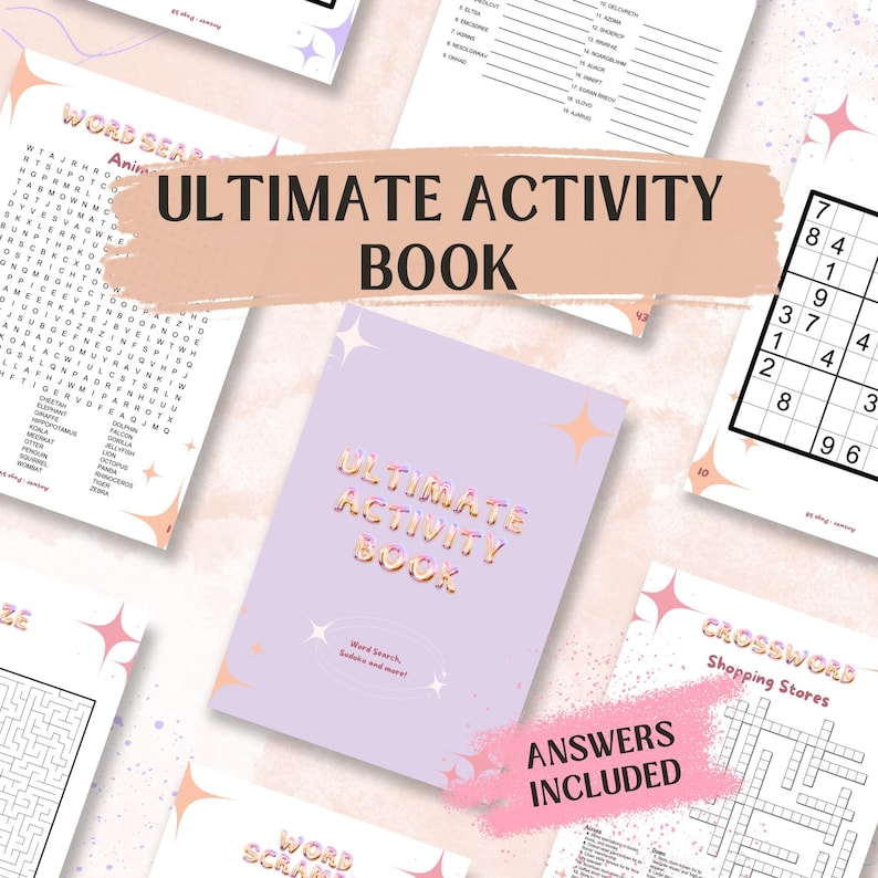 May include: A purple activity book with the text "ULTIMATE ACTIVITY BOOK" in pink and white letters. The book has a pink and white star design. The text "ANSWERS INCLUDED" is written in pink and white letters on a pink background.