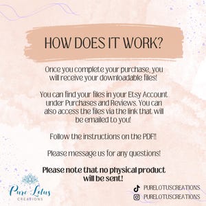 May include: A pink and white graphic with the text "HOW DOES IT WORK?" and instructions on how to download digital files after purchase. The graphic also includes the text "Please note that no physical product will be sent!" and the social media handles for Pure Lotus Creations.