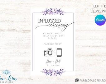 Purple Floral Unplugged Ceremony Sign, Unplugged Wedding Sign, Welcome Sign, Unplugged Ceremony Sign,Custom Canva Wedding Sign,Editable Sign