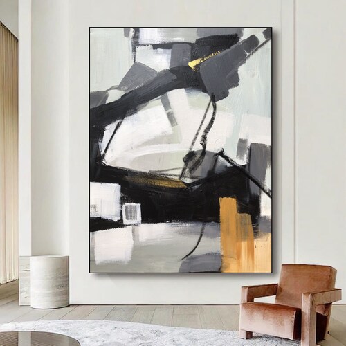 Large Original shops Gray Painting On Canvas, Abstract Art Black And Gray Painting,Gray And Orange Minimalist Texture Painting, Textured Painting