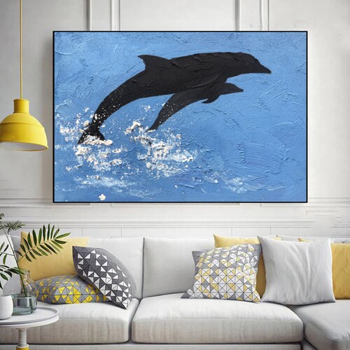 Large Dolphin Canvas Wall Art, Dolphin Painting Sea Life Wall Art ,Sea Animal shops Painting On Canvas, Modern Impasto Animal Painting,Wall Art