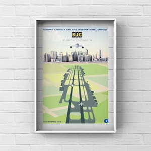 May include: A graphic illustration of Norman Y. Mineta San Jose International Airport (SJC) in California, USA. The illustration shows the airport's runway and taxiways, with a cityscape in the background. The airport's code, SJC, and coordinates, 37.3387°N 121.8853°W, are displayed above the cityscape.