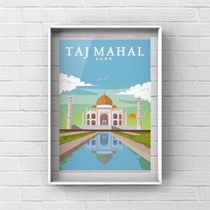 May include: A colorful illustration of the Taj Mahal, a white marble mausoleum in Agra, India. The image shows the Taj Mahal reflected in a pool of water.