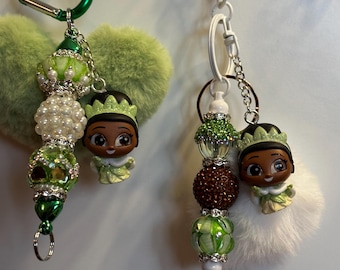 Tiana Keychain | Princess and the Frog Inspired Bag Charm | Disney Princess Keychain | Green & Gold Sparkly Keychain