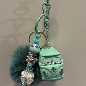 Fillmore VW Bus Keychain | Teal Sparkly Hippie Van Bag Charm | Retro Volkswagen Accessory
