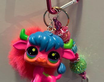 LPS Inspired Highland Cow Keychain | Neon Pink Kawaii Bag Charm, Rave