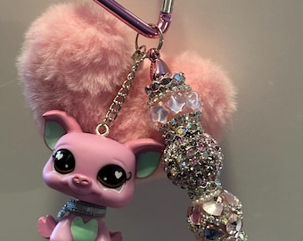 LPS Pink Pig Keychain | Cute Kawaii Pig Charm | Handmade Beaded Keychain | Pastel Pink Bag Charm with Pom Pom | Littlest Pet Shop Inspired