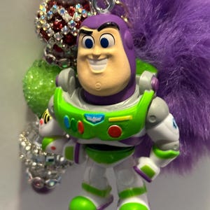 Handmade Buzz Lightyear Keychain | Toy Story Inspired Bag Charm | Purple Pom Pom, Sparkle Beads image 3