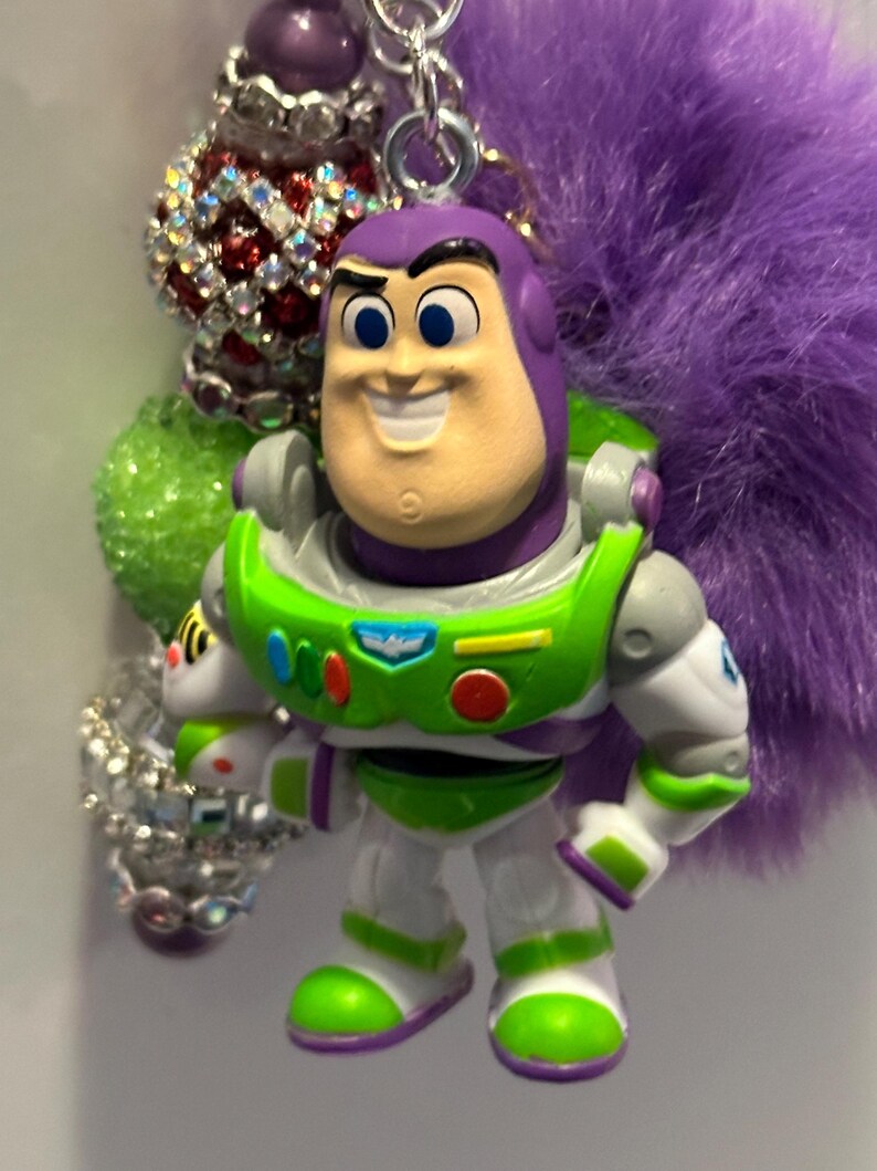 Handmade Buzz Lightyear Keychain | Toy Story Inspired Bag Charm | Purple Pom Pom, Sparkle Beads image 3