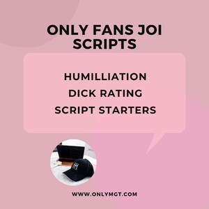 Puede incluir: Gráfico rosa con el texto "ONLY FANS JOI SCRIPTS" y las palabras "HUMILLIATION", "DICK RATING" y "SCRIPT STARTERS". Una gorra de béisbol negra con ribete blanco y las letras "AM" está en la imagen.
