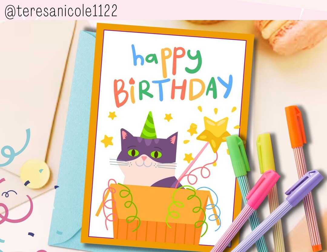 Happy Birthday Cat Printable Birthday Card DIY, Greeting Card Digital ...