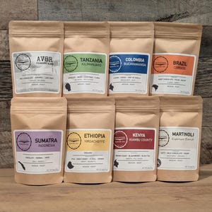 Coffee 8 Pack Sampler • World Tour  • Craft Roasted • Host Gift Coffee • Single Origin • Blends • 2oz each • Arabica Beans • Gift Under 35
