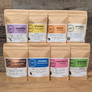 Coffee 8 Pack Sampler • World Tour  • Craft Roasted • Host Gift Coffee • Single Origin • Blends • 2oz each • Arabica Beans • Gift Under 35