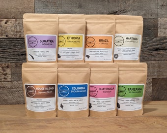 Coffee 8 Pack Sampler • World Tour  • Craft Roasted • Host Gift Coffee • Single Origin • Blends • 2oz each • Arabica Beans • Gift Under 35