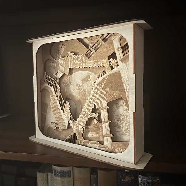 M.C. Escher Relativity 3D wood cut display