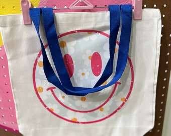 Happy Face Canvas Tote Bag, Floral Smiley Grocery Bag