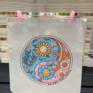 Balance Over Hustle Canvas Tote Bag: Yin Yang Floral Design