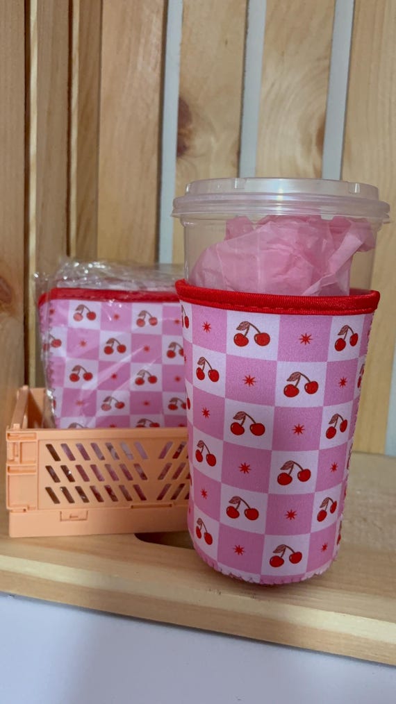 Cherries and Checkers Iced Coffee Sleeve: Drink Sleeve Cozie.