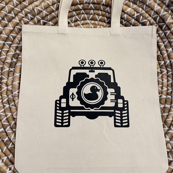 Off Road vehicle with duck tote bag. 4x4 Aesthetic tote bag. Fashion tote bag. All terrains tote bag.