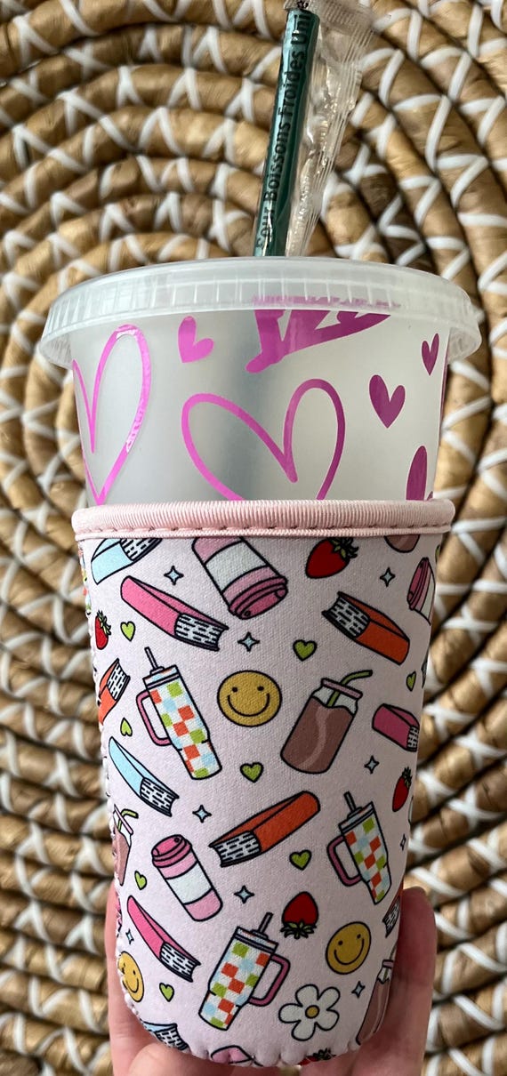 Books and Coffee Cups Coozie: Insulated Drink Sleeve for Iced Coffee/Drinks.